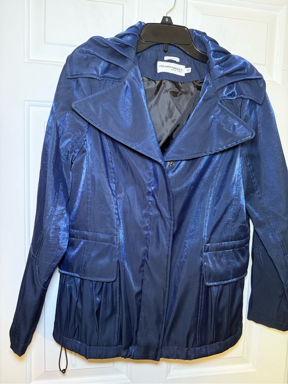 Hilary Radley NY Blue Metallic Puffer Jacket Wide Collar XS Cinched Waist Chic!